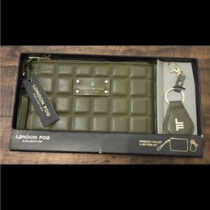 London Fog Olive Quilted Wallet and Key Fob Set